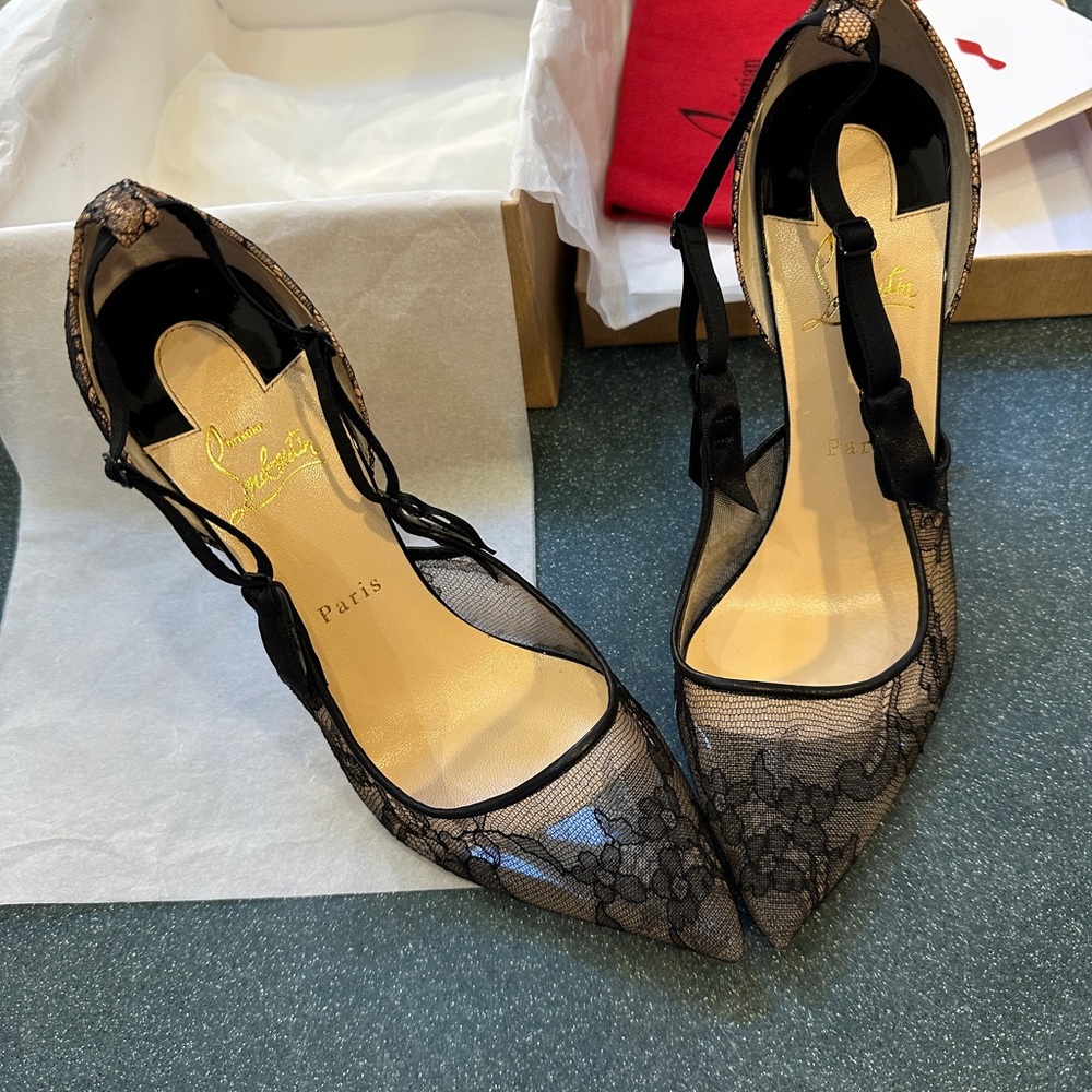 Christian Louboutin Black Lace Pointed-Toe Heels